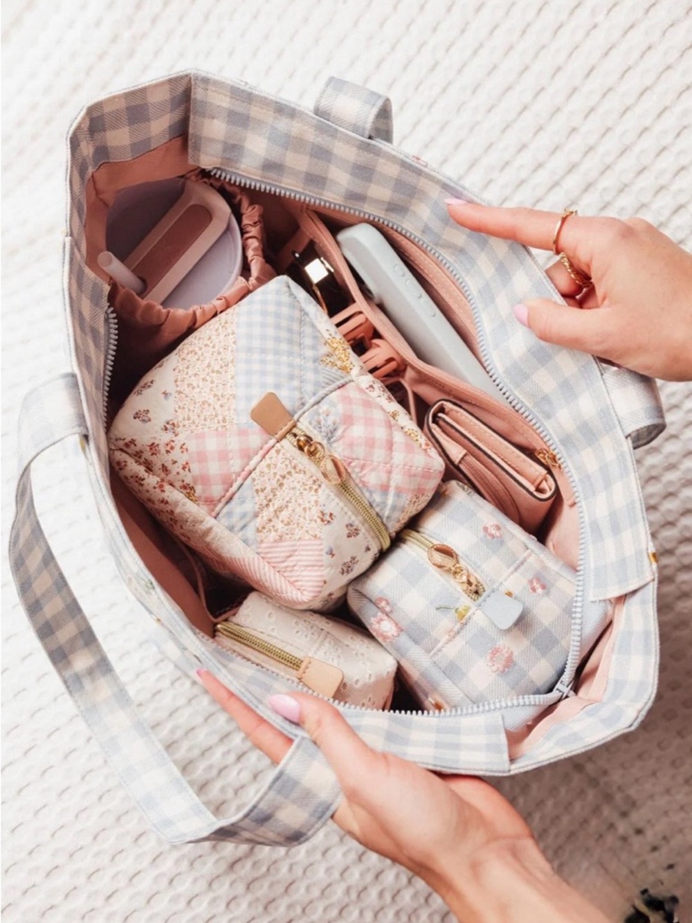 Poppy & Peonies Blue Gingham Tote - Picture 2 of 6